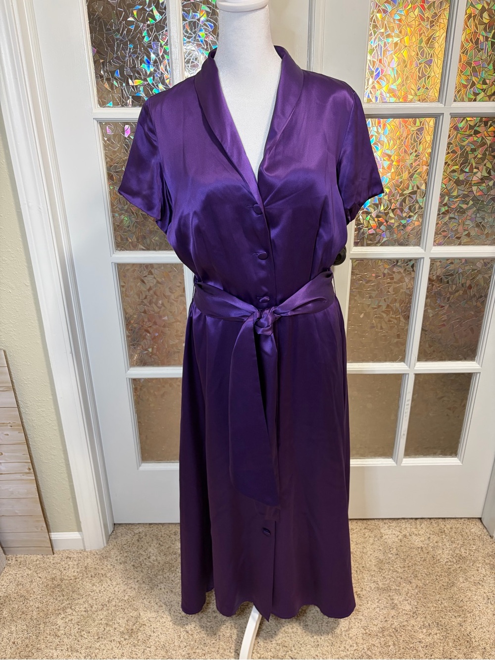 J. Peterman Purple 100% Silk Satin Belted Button Front Dress Women's Size 10